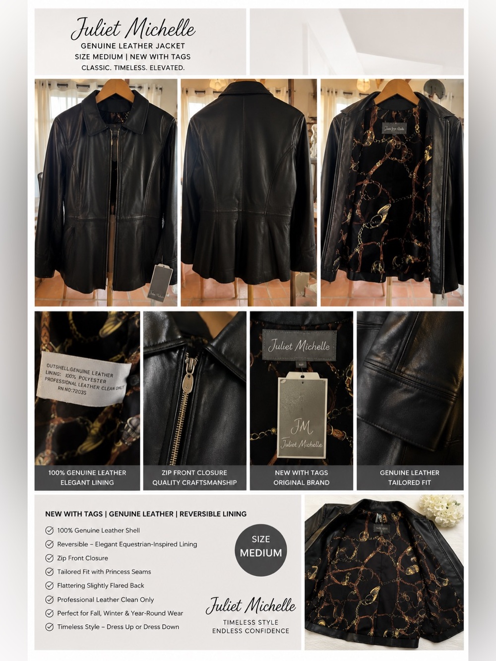Michele Black Genuine Leather Zip-Front Jacket